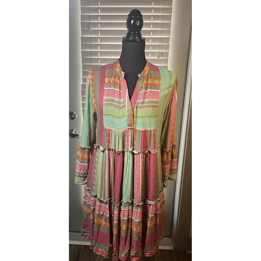Elan Boho Tiered Babydoll Dress S Bell Sleeve Geo Print Multicolor Festival - Picture 2 of 15